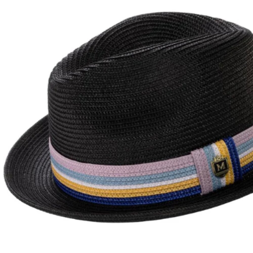 Black Braided Straw Fedora Hat with Multistripe Band  2 1/4 INCH BRIM. H-106